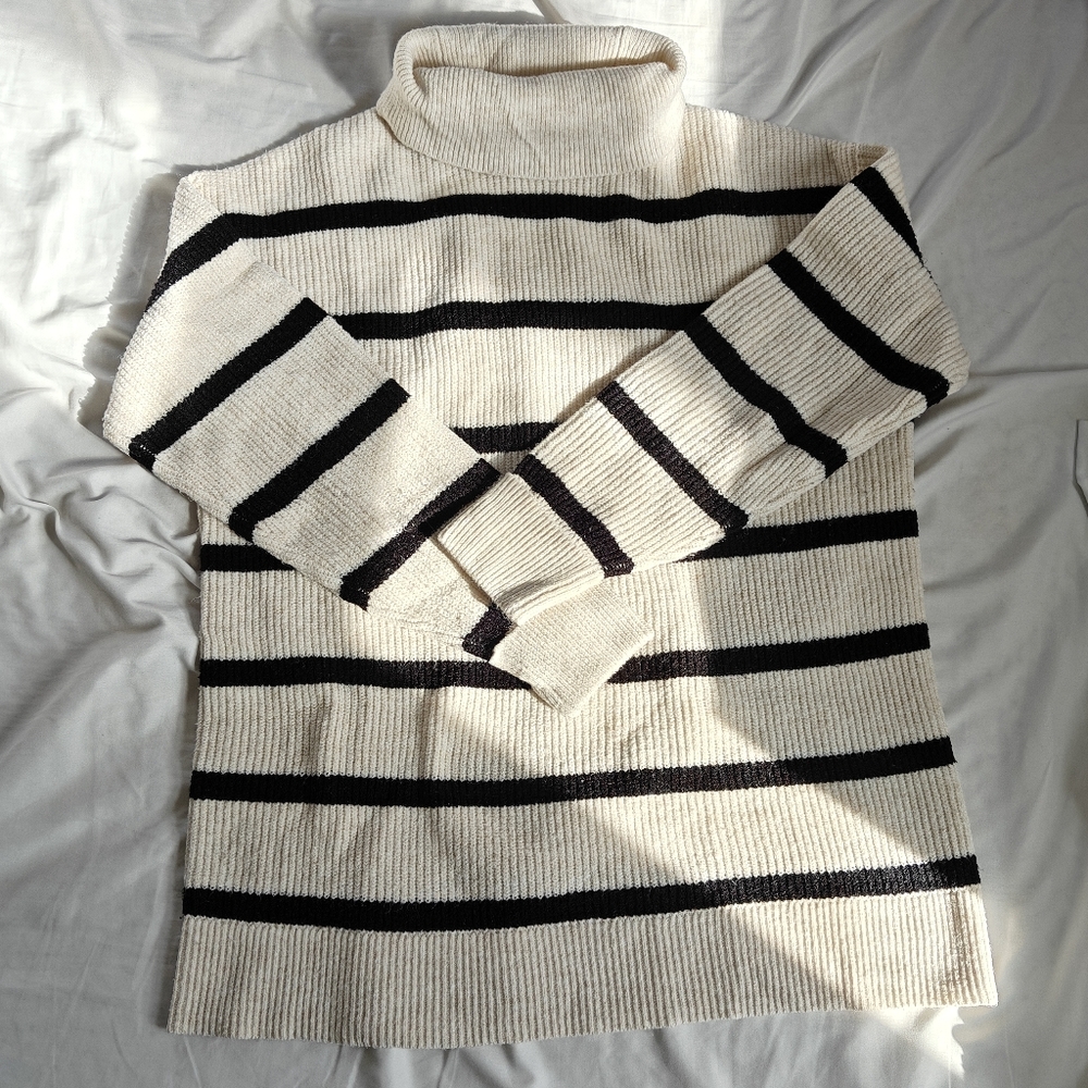 Thyme Maternity Cream and Black Striped Turtleneck Sweater